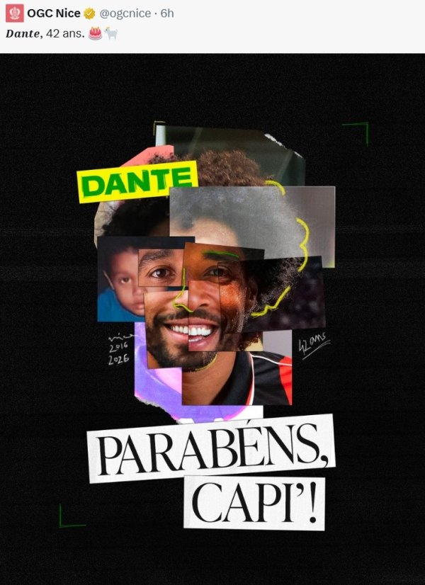 42岁诞辰的丹特为尼斯首发，是法甲自47/48赛季第三年长出场球员