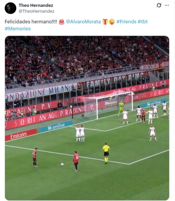 特奥晒遵循米兰时辰助攻莫拉塔视频，祝前队友33岁诞辰惬心