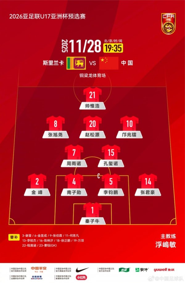 亚足联U17亚洲杯预选赛A组，中国队VS斯里兰卡队首发声势出炉！